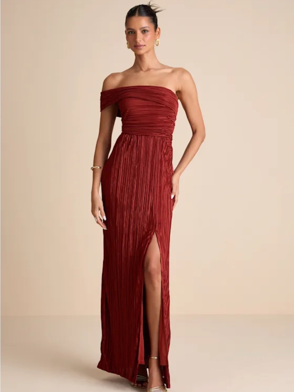 NWOT Lulus Poised Performance Rust Red Plisse One-Shoulder Maxi Dress